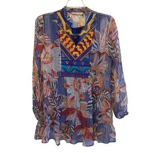 Soft Surroundings Embroidered Tory Tunic Chiffon Boho Peasant Blouse XS
